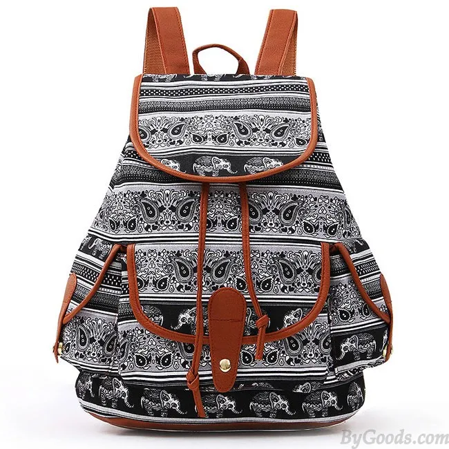 Folk Irregular Totem Geometric Patterns PU Elephant Printing 3 Pockets School Canvas Backpack