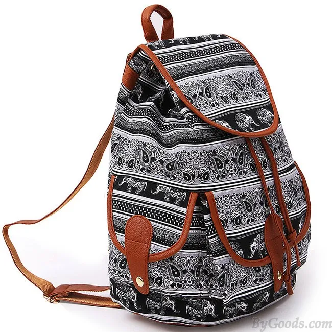 Folk Irregular Totem Geometric Patterns PU Elephant Printing 3 Pockets School Canvas Backpack