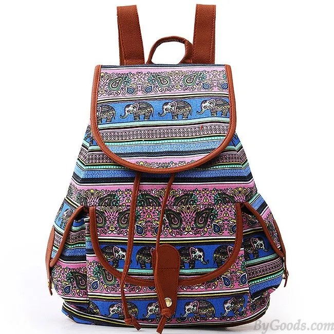 Folk Irregular Totem Geometric Patterns PU Elephant Printing 3 Pockets School Canvas Backpack
