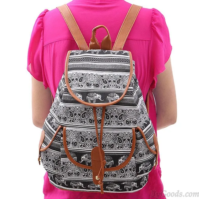 Folk Irregular Totem Geometric Patterns PU Elephant Printing 3 Pockets School Canvas Backpack