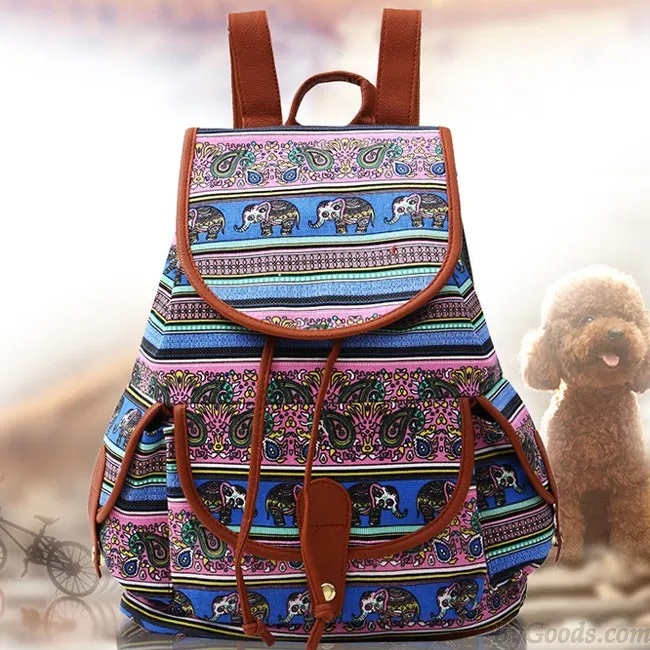 Folk Irregular Totem Geometric Patterns PU Elephant Printing 3 Pockets School Canvas Backpack