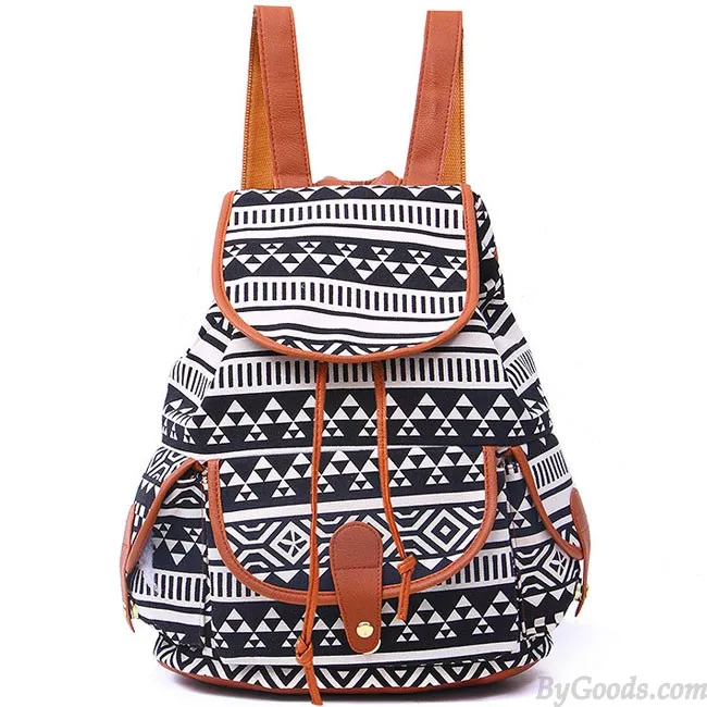 Folk Irregular Totem Geometric Patterns PU Elephant Printing 3 Pockets School Canvas Backpack
