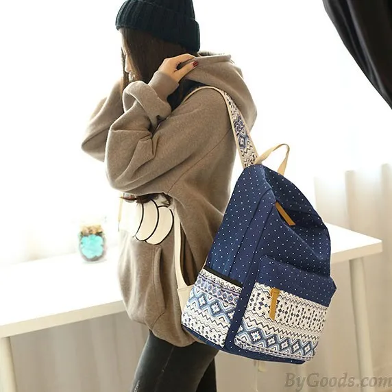 Folk Leisure Polka Dot Rucksack Bohemia Trunk College Canvas Backpack