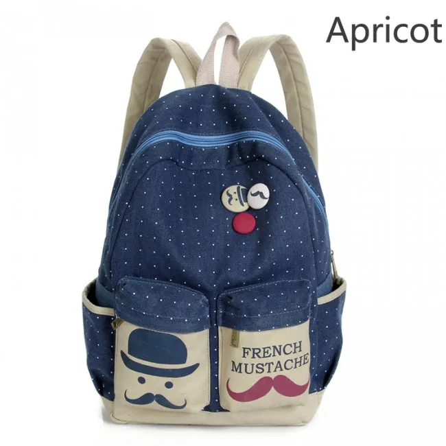 Fresh French Mustache Polka Dot Canvas Backpack