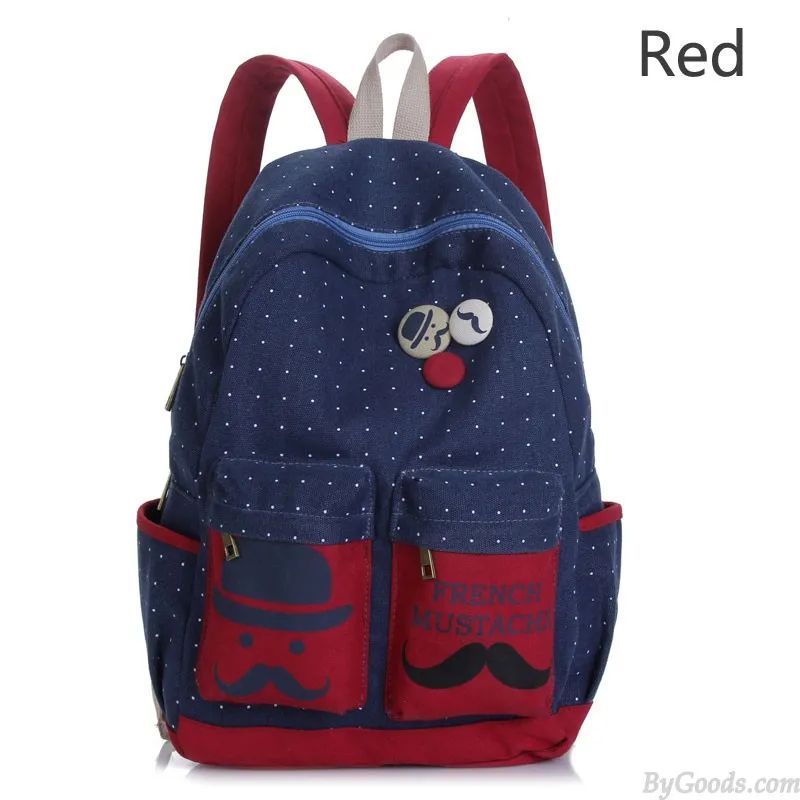 Fresh French Mustache Polka Dot Canvas Backpack