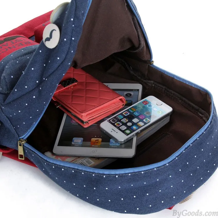 Fresh French Mustache Polka Dot Canvas Backpack