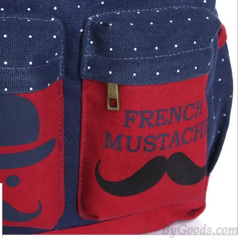 Fresh French Mustache Polka Dot Canvas Backpack