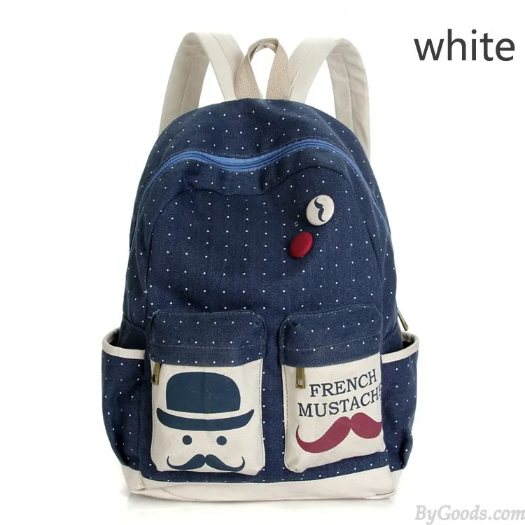 Fresh French Mustache Polka Dot Canvas Backpack