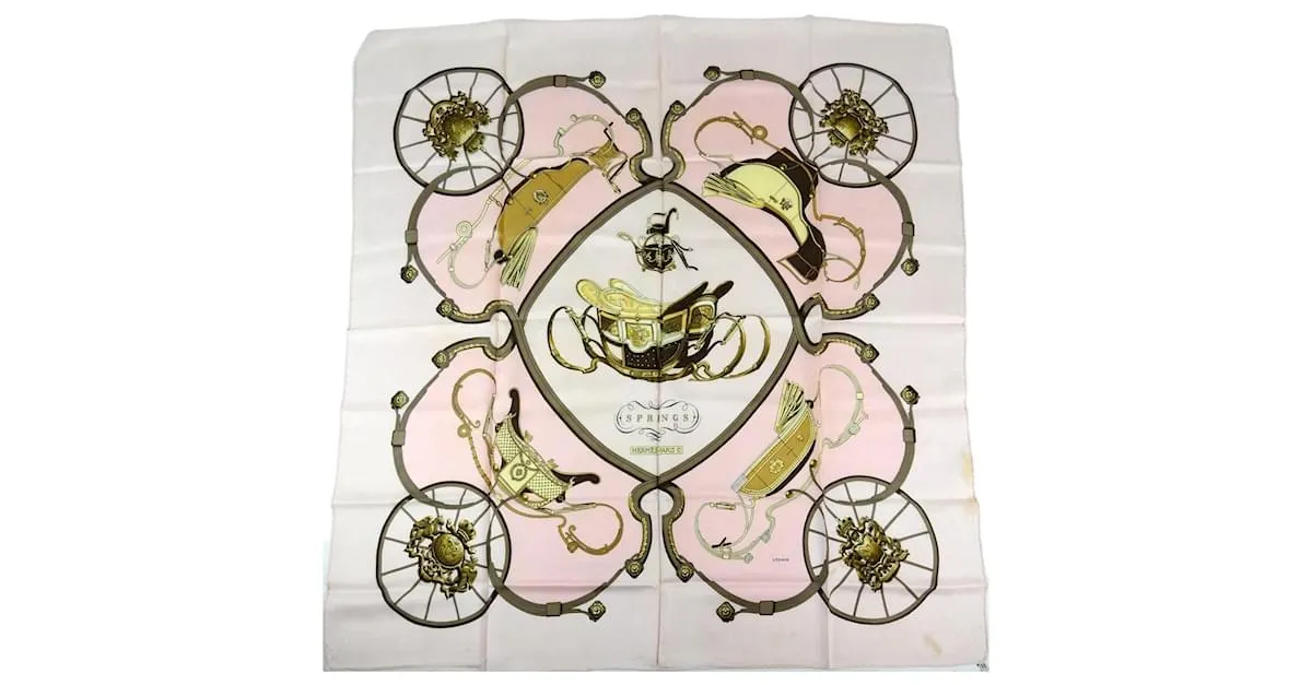 HERMèS  PARíS _ PAñUELO HERMèS "SPRINGS" FIRMADO POR LEDOUX  100% SEDA CASTAñO ROSA BLANCO DORADO AMARILLO 