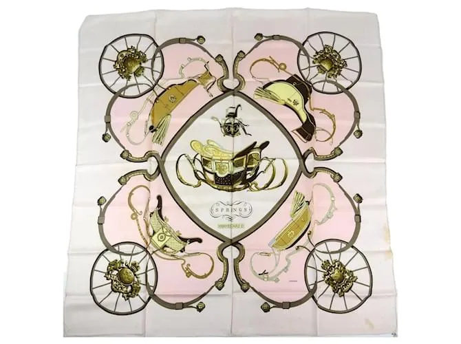HERMèS  PARíS _ PAñUELO HERMèS "SPRINGS" FIRMADO POR LEDOUX  100% SEDA CASTAñO ROSA BLANCO DORADO AMARILLO 