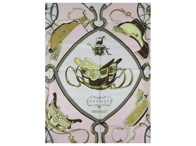 HERMèS  PARíS _ PAñUELO HERMèS "SPRINGS" FIRMADO POR LEDOUX  100% SEDA CASTAñO ROSA BLANCO DORADO AMARILLO 