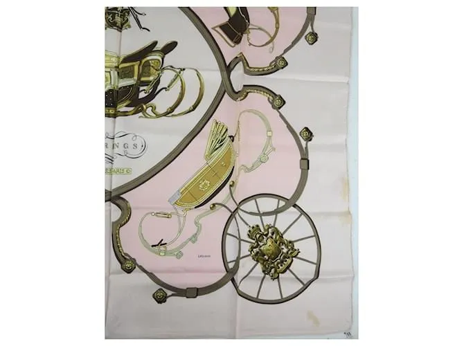 HERMèS  PARíS _ PAñUELO HERMèS "SPRINGS" FIRMADO POR LEDOUX  100% SEDA CASTAñO ROSA BLANCO DORADO AMARILLO 