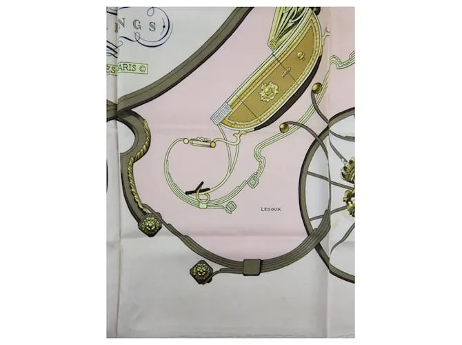 HERMèS  PARíS _ PAñUELO HERMèS "SPRINGS" FIRMADO POR LEDOUX  100% SEDA CASTAñO ROSA BLANCO DORADO AMARILLO 