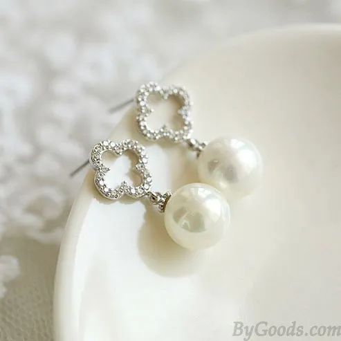 Hollow Diamond Clover Flower Pearl Pendant Sweet Lady Earrings