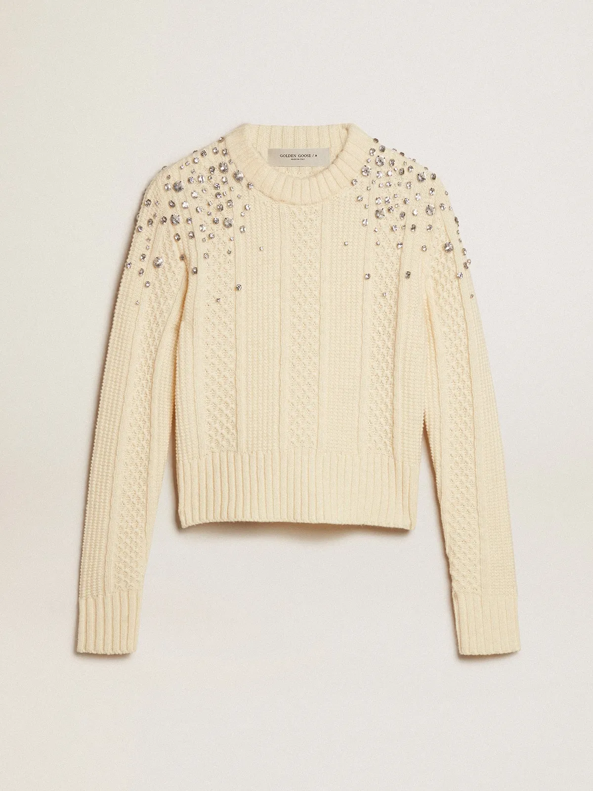 Jersey cropped de mujer blanco envejecido con cristales aplicados