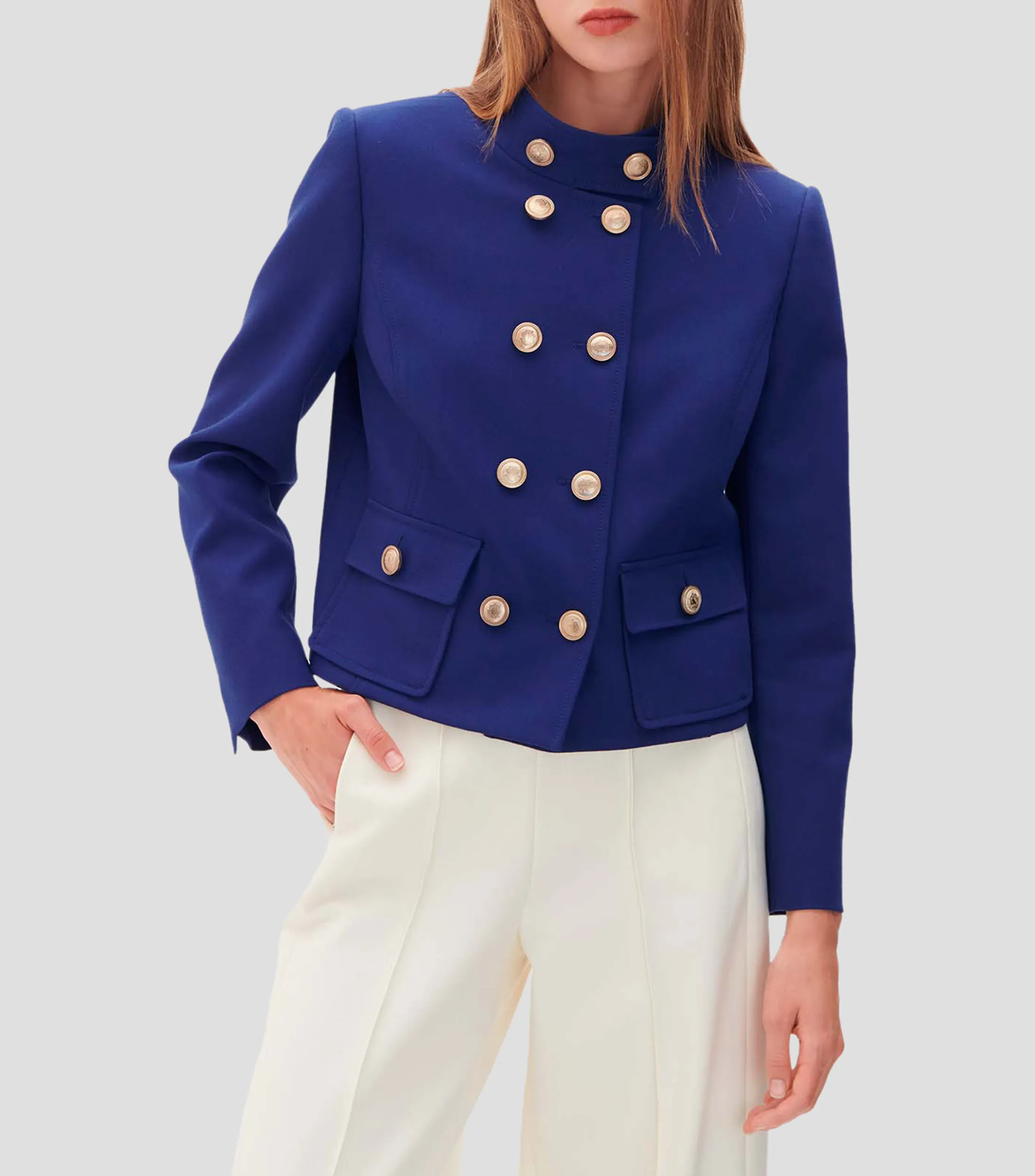 Julio Saco Corto Azul Marino Estilo Militar Mujer