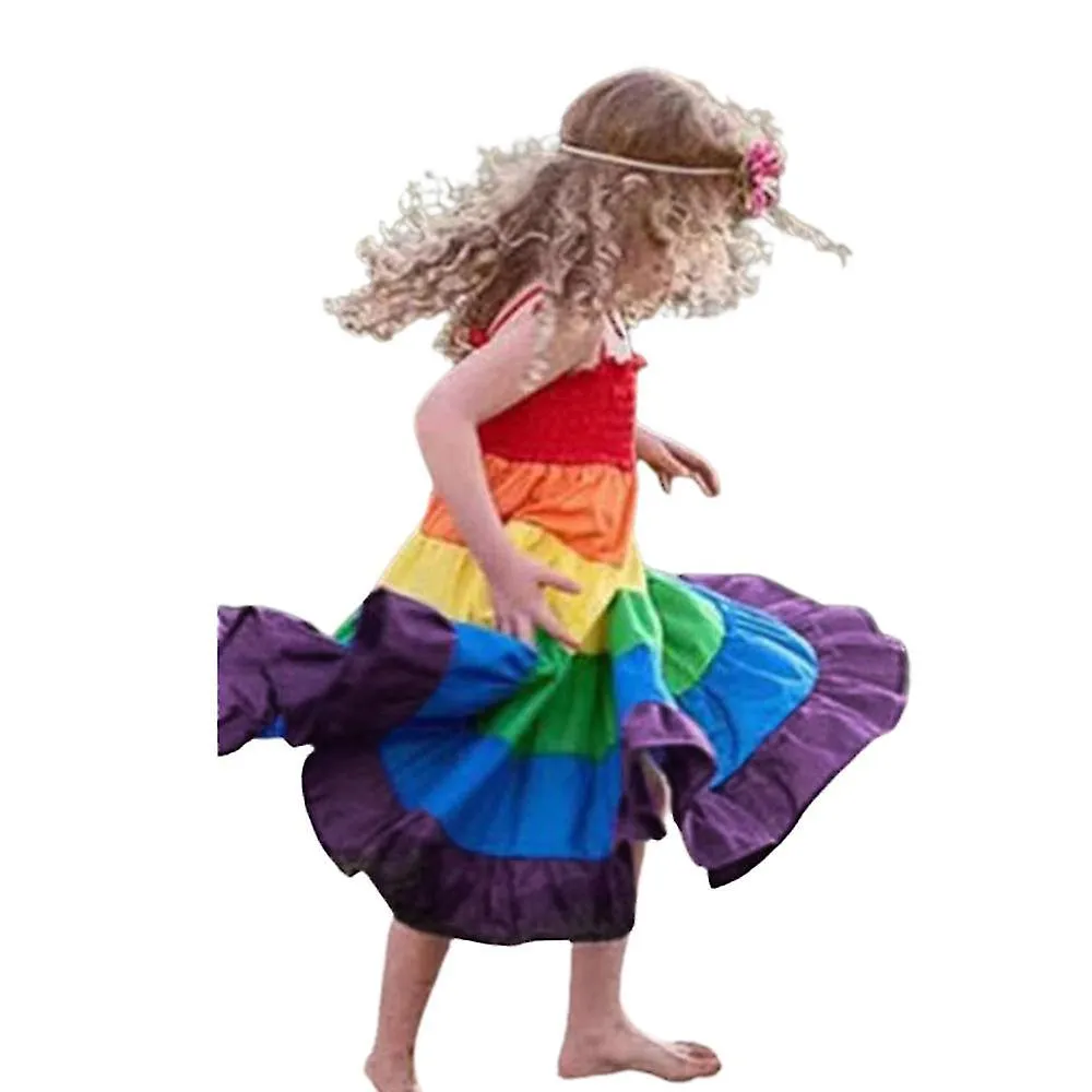 Kid Girls Rainbow Spaghetti Strap Swing Dress Smocked Twirl Sundress de alta calidad