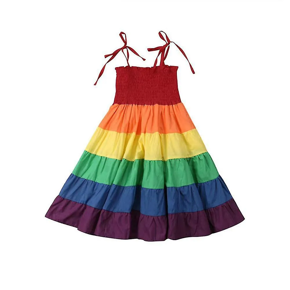 Kid Girls Rainbow Spaghetti Strap Swing Dress Smocked Twirl Sundress de alta calidad