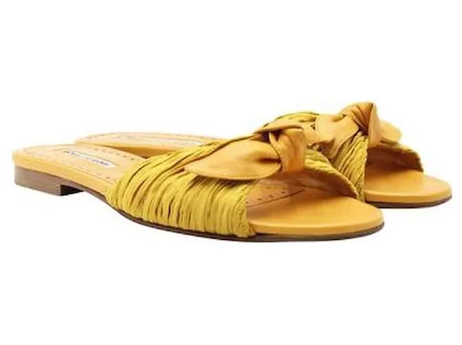 MANOLO BLAHNIK MOSTAZA NOTAMU PLISSã©CHANCLAS DE SATéN Y PIEL AMARILLO 