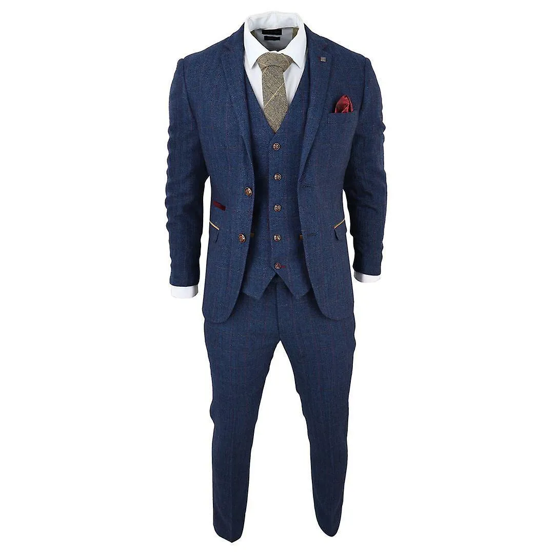 MENS BLUE TWEED CHECK 3PIECE SUIT