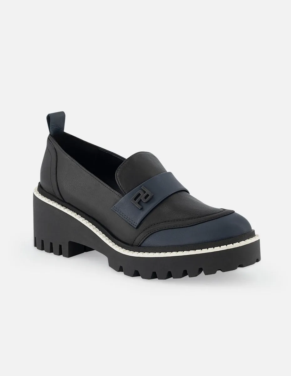 Mocasín de piel color azul para mujer con detalle Pd