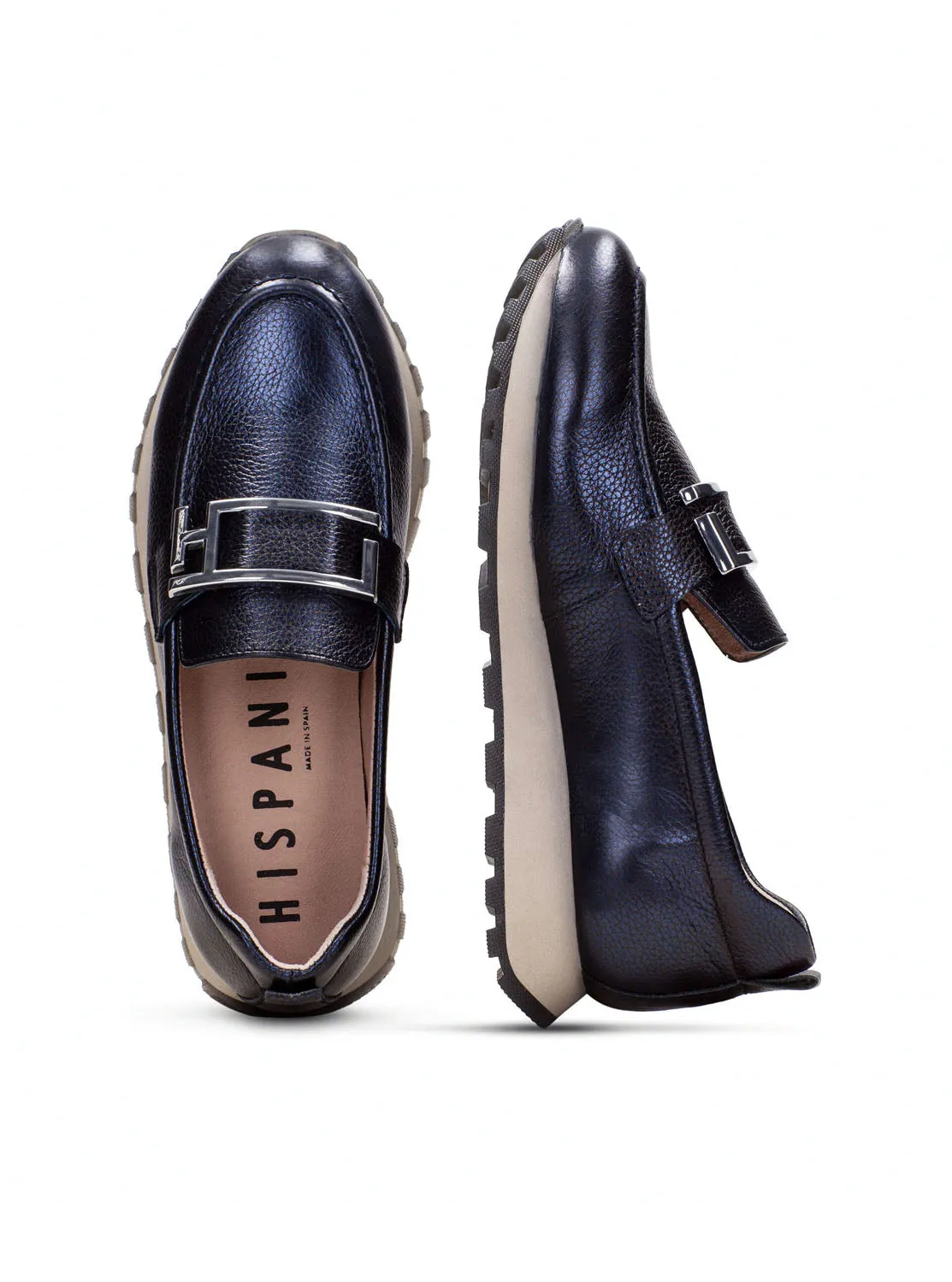 Mocasín sport piel metalizada azul marino