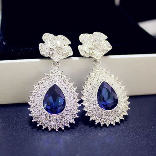 Noble Shining Inlay Diamond Rose Sapphire Pendant Banquet Earrings
