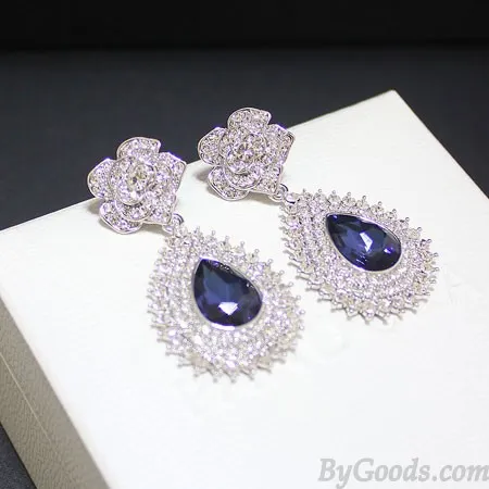 Noble Shining Inlay Diamond Rose Sapphire Pendant Banquet Earrings