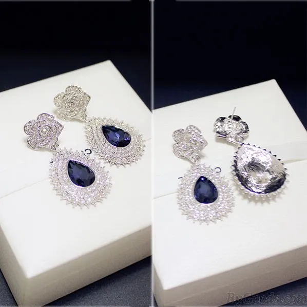 Noble Shining Inlay Diamond Rose Sapphire Pendant Banquet Earrings