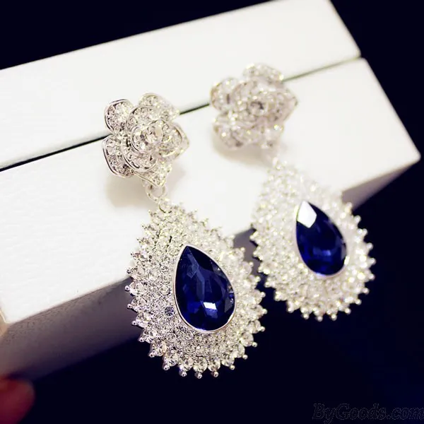 Noble Shining Inlay Diamond Rose Sapphire Pendant Banquet Earrings