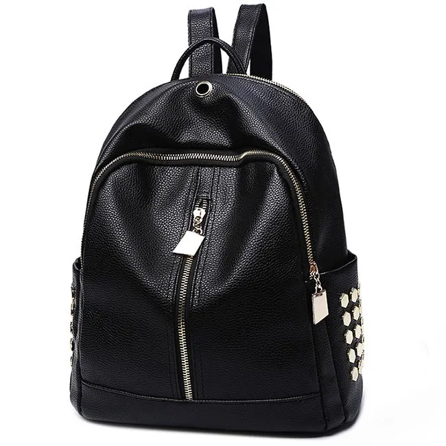 Punk Black PU Lichee Pattern Rivet Zipper School Headphone Hole School Backpack