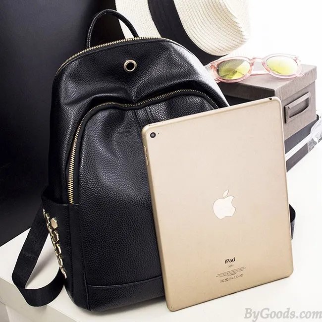 Punk Black PU Lichee Pattern Rivet Zipper School Headphone Hole School Backpack