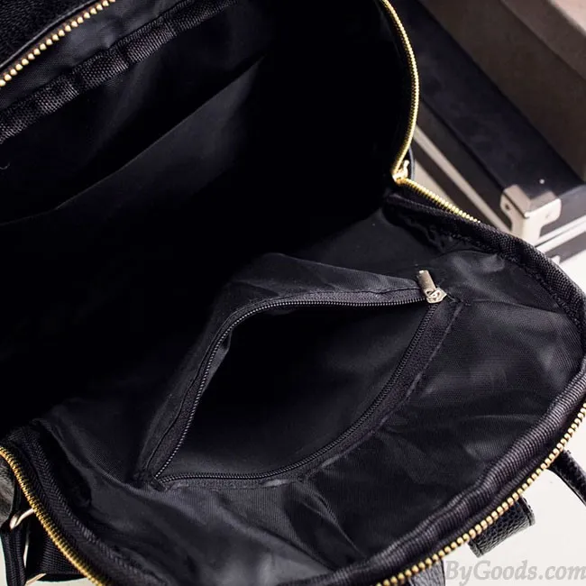 Punk Black PU Lichee Pattern Rivet Zipper School Headphone Hole School Backpack