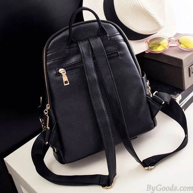 Punk Black PU Lichee Pattern Rivet Zipper School Headphone Hole School Backpack
