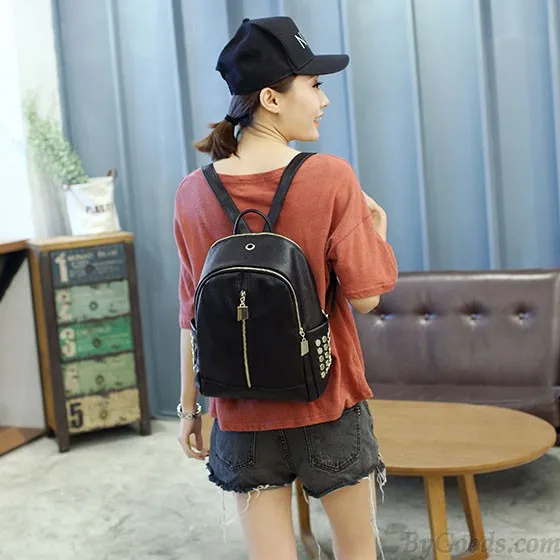 Punk Black PU Lichee Pattern Rivet Zipper School Headphone Hole School Backpack