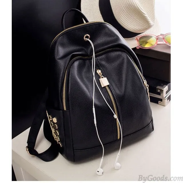 Punk Black PU Lichee Pattern Rivet Zipper School Headphone Hole School Backpack