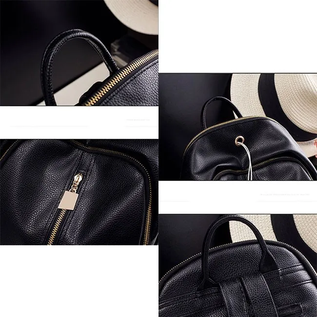 Punk Black PU Lichee Pattern Rivet Zipper School Headphone Hole School Backpack
