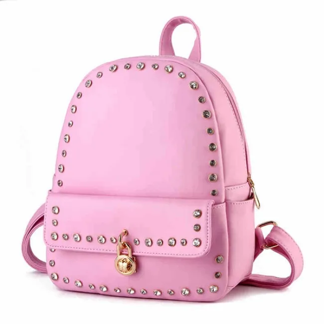 Punk Pink Solid Crystal Rivet Rucksack Travel School Backpack