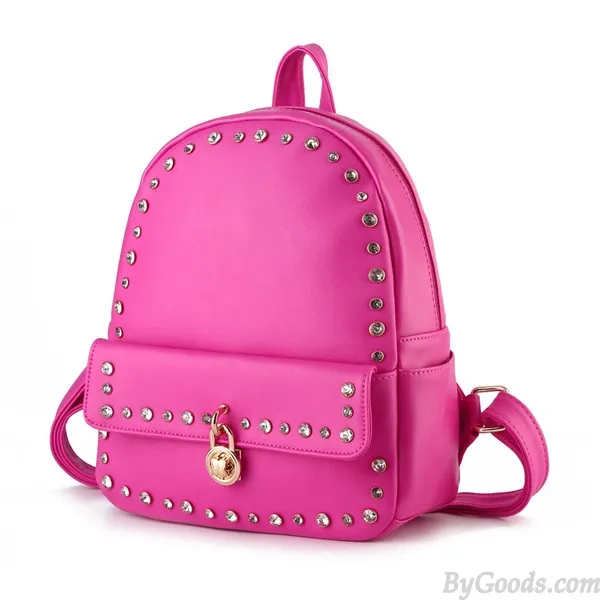 Punk Pink Solid Crystal Rivet Rucksack Travel School Backpack