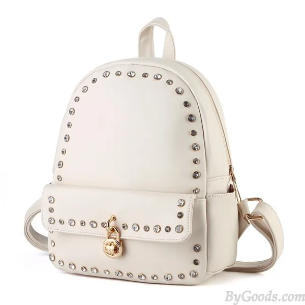 Punk Pink Solid Crystal Rivet Rucksack Travel School Backpack