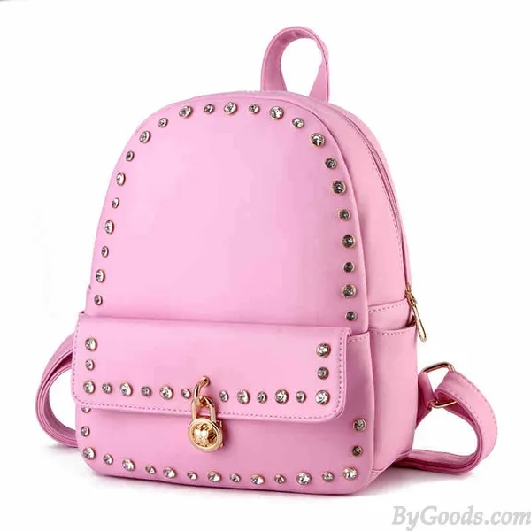 Punk Pink Solid Crystal Rivet Rucksack Travel School Backpack