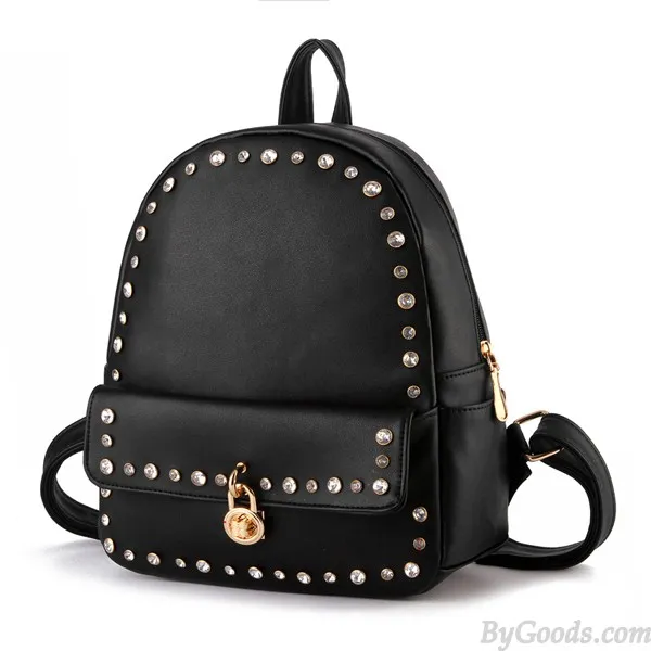 Punk Pink Solid Crystal Rivet Rucksack Travel School Backpack