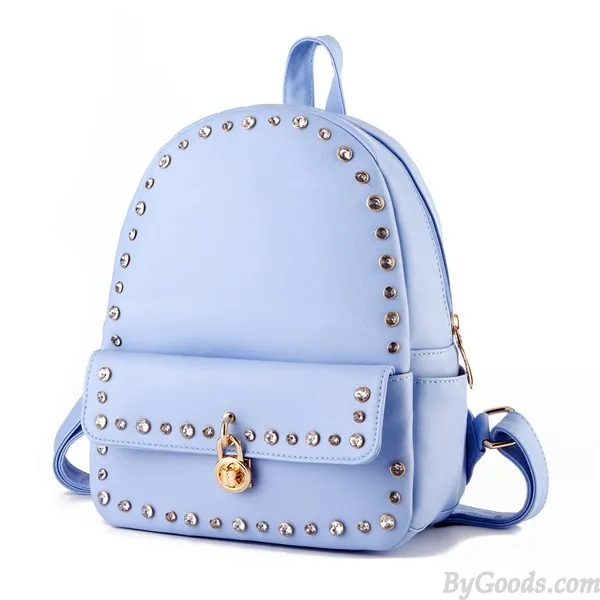 Punk Pink Solid Crystal Rivet Rucksack Travel School Backpack