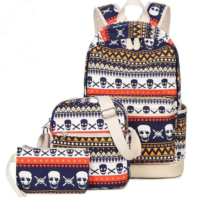 Punk School Skull Printing Rucksack Leisure Totem Travel Canvas Backpack 