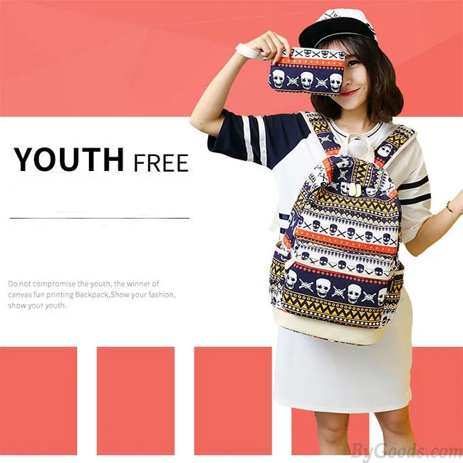Punk School Skull Printing Rucksack Leisure Totem Travel Canvas Backpack 
