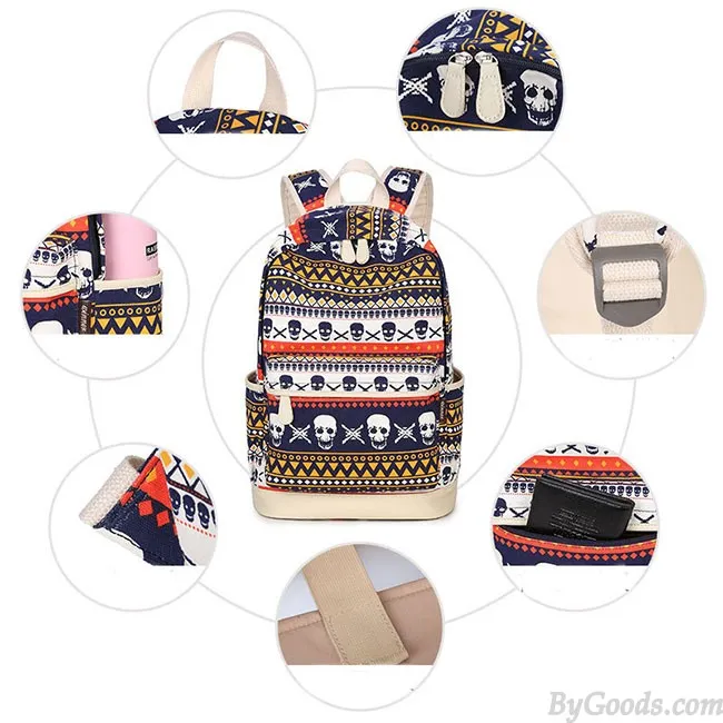 Punk School Skull Printing Rucksack Leisure Totem Travel Canvas Backpack 