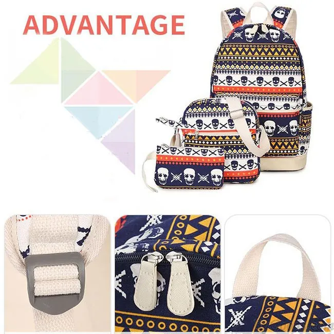 Punk School Skull Printing Rucksack Leisure Totem Travel Canvas Backpack 