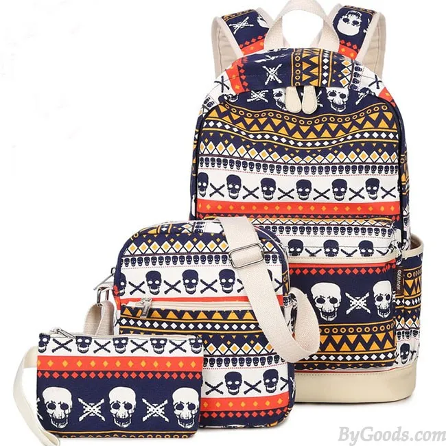 Punk School Skull Printing Rucksack Leisure Totem Travel Canvas Backpack 