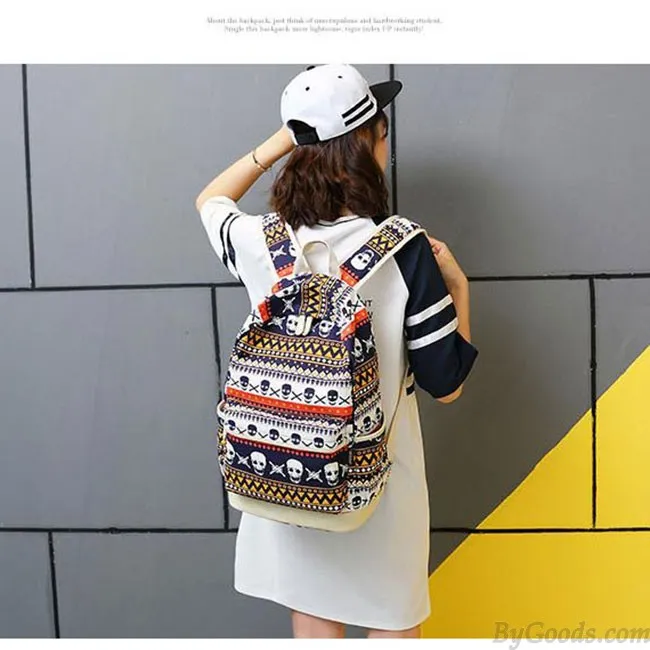 Punk School Skull Printing Rucksack Leisure Totem Travel Canvas Backpack 