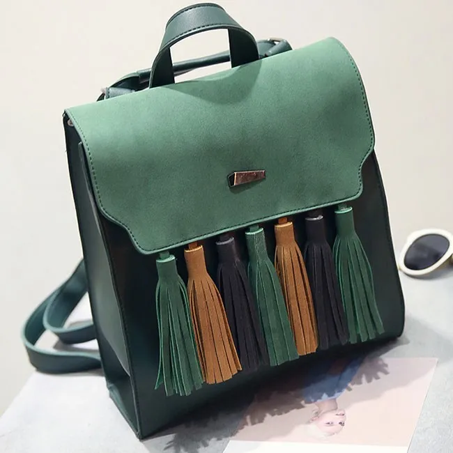 Retro British PU Tassel Contrast Color Flap Solid School Backpack